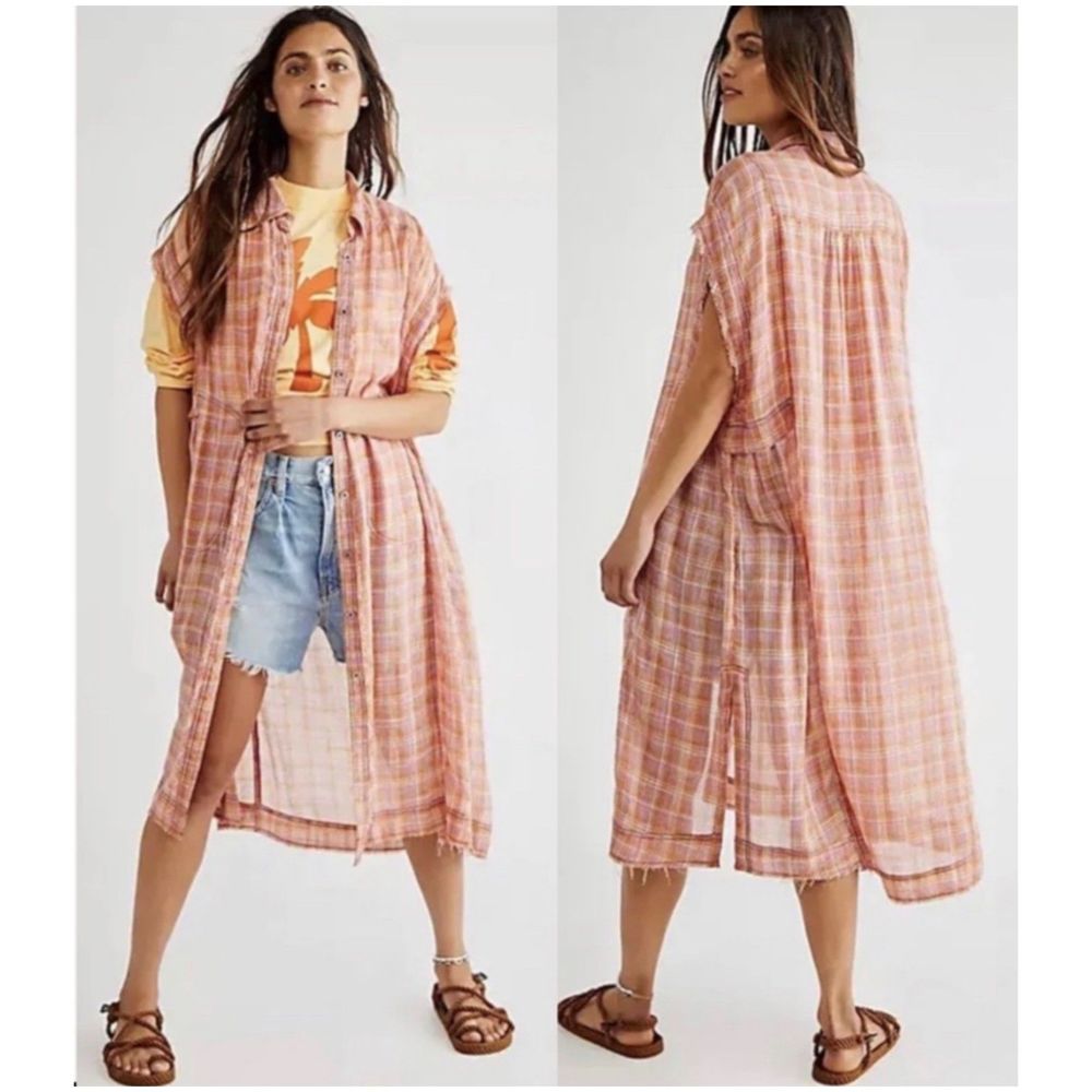 WE THE FREE Isabelle Plaid Maxi Top Printed Button Front Dolman Summer